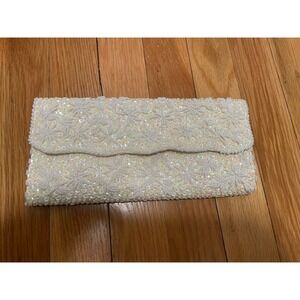 Vintage White Beaded Clutch Handbag Evening Bag Sparkle Sequins